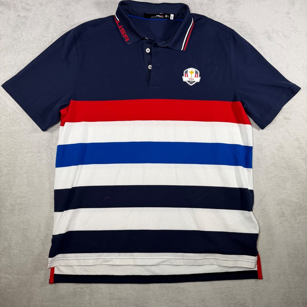 RLX Ralph‎ Lauren Mens Ryder Cup 2023 USA Polo Shirt Navy Blue Striped Large